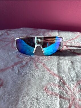 Mirrored Blue Shield Sunglasses with White Frame